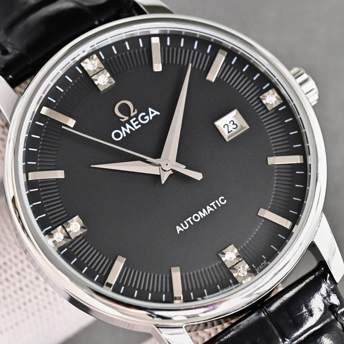 Omega Black Silver Dial Leather Strap Watch — front