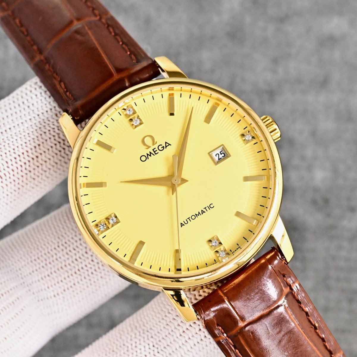 Omega Brown Gold Leather Strap Watch — front