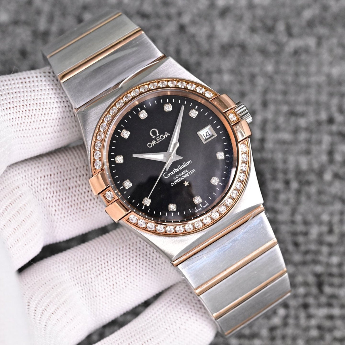 Omega Two Tone Silver Black Dial Bracelet Watch — front