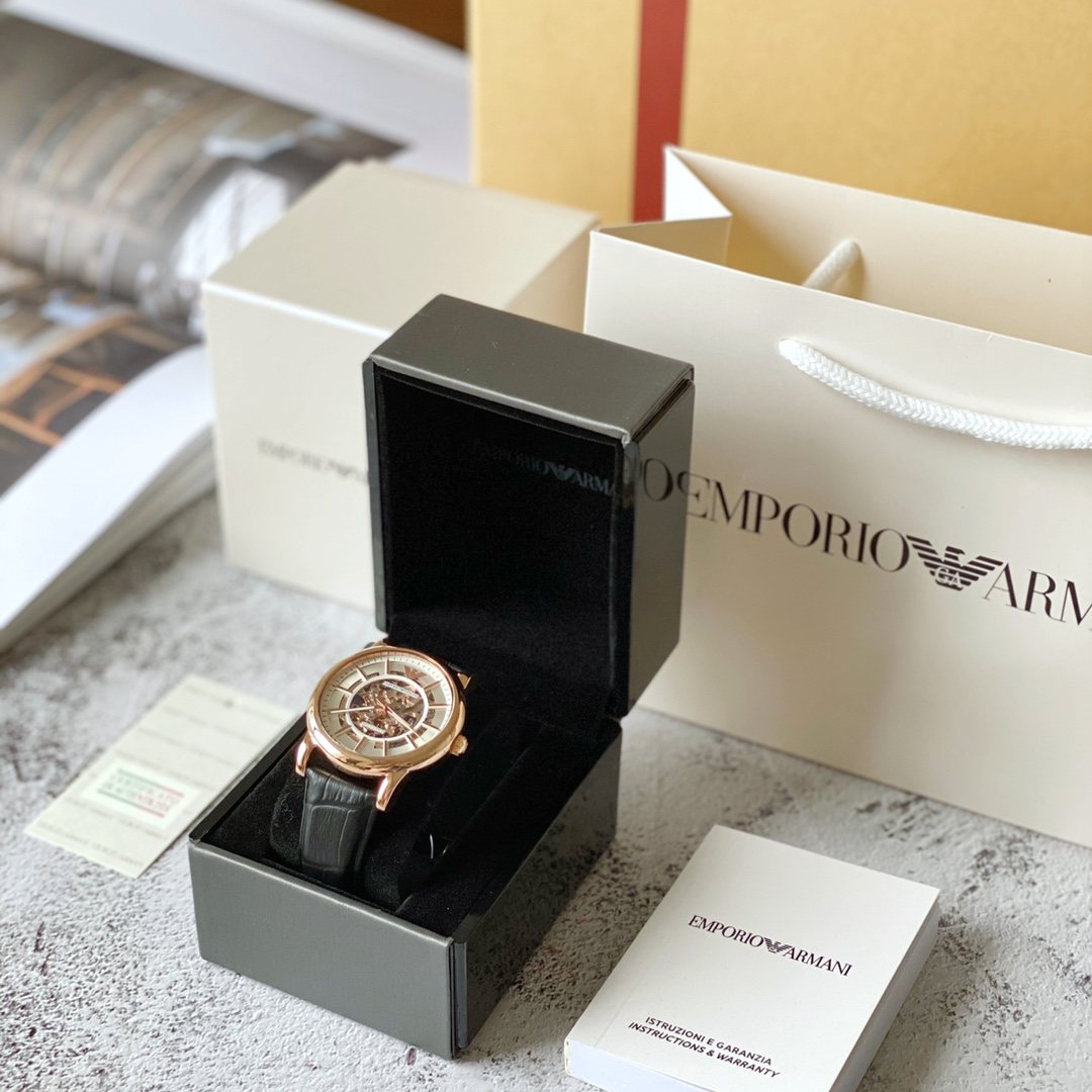 EMPORIO ARMANI Rose-Gold Skeleton Dial Watch — front