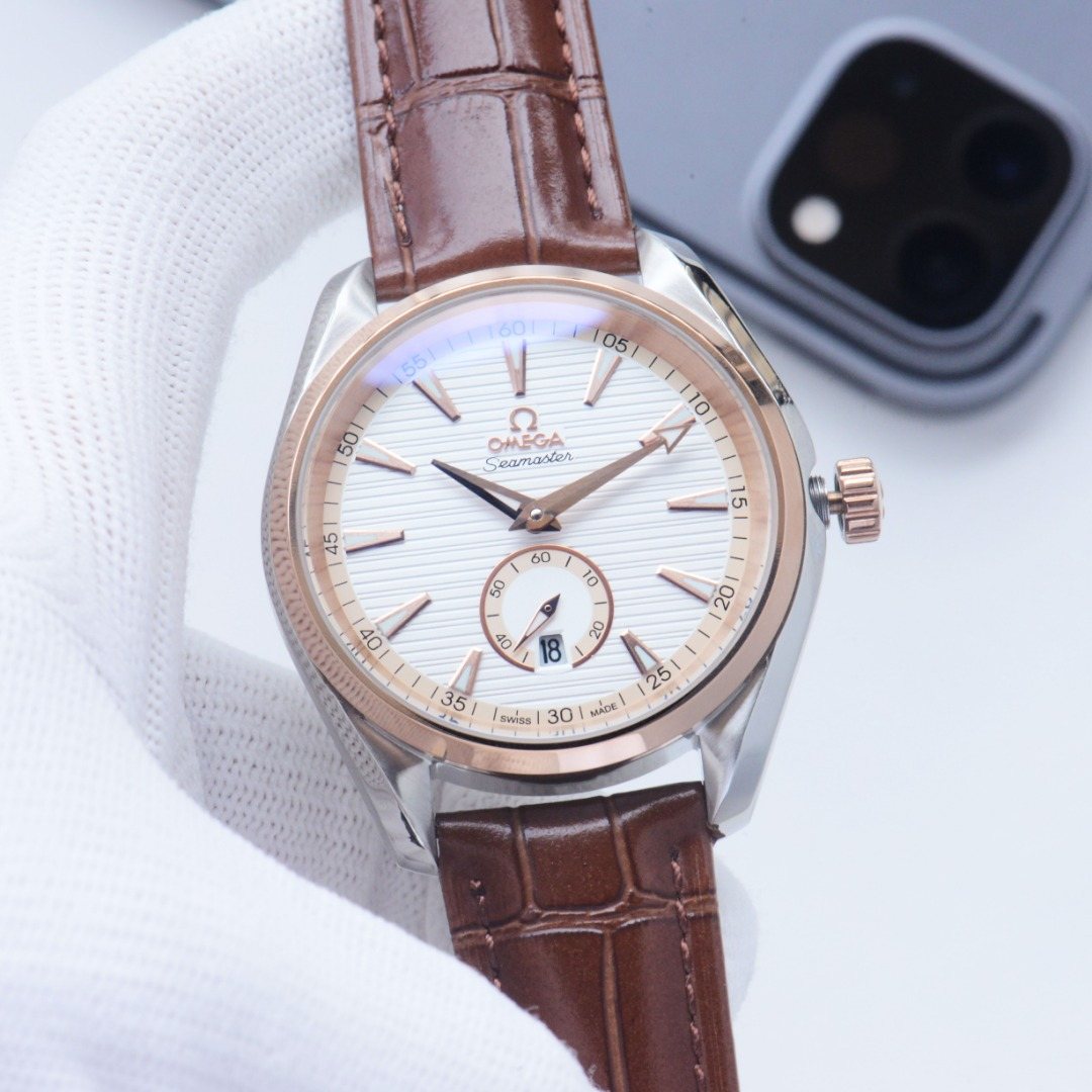 OMEGA Brown Rose Gold White Dial Leather Strap Watch — hero