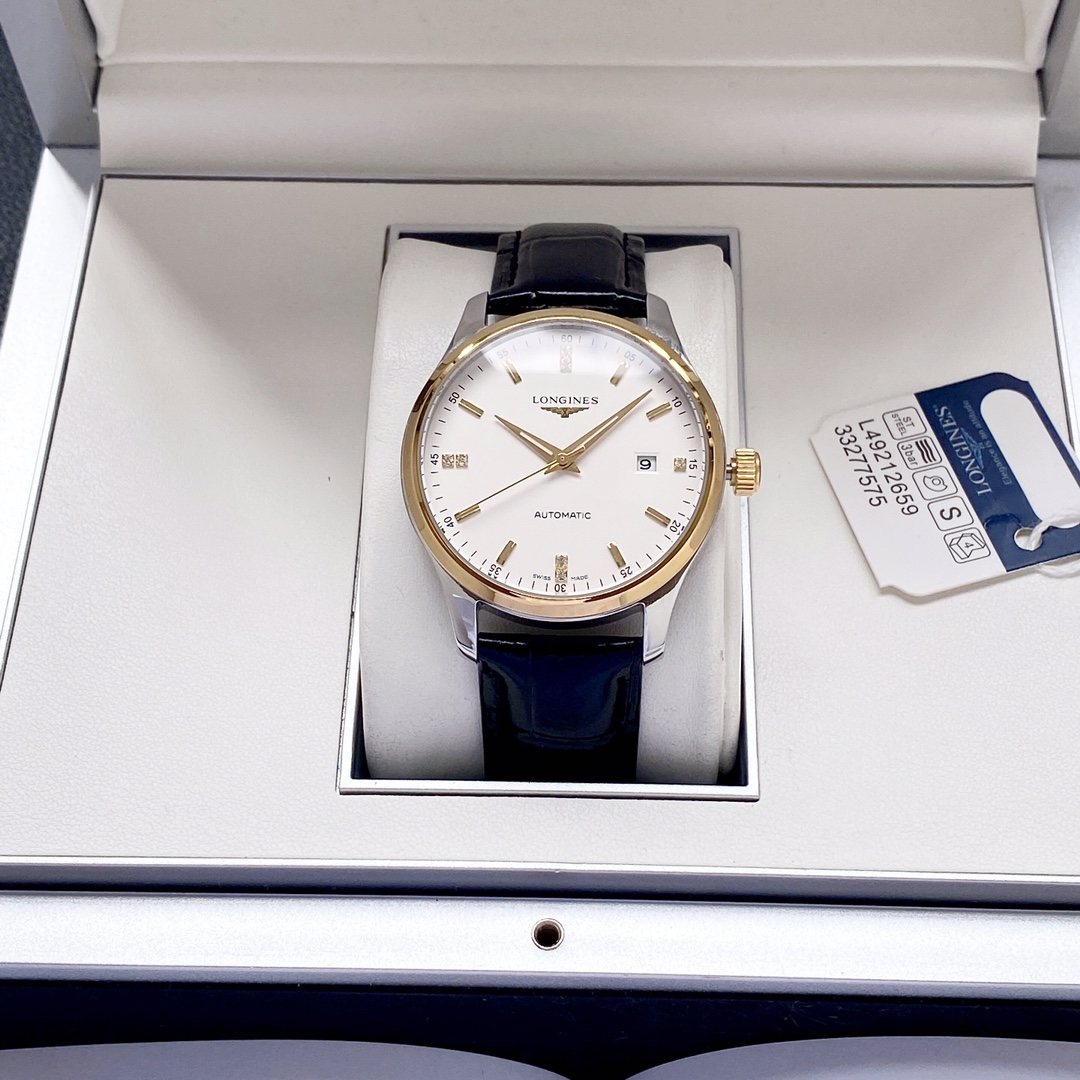 Longines Gold Black Dial Leather Strap Watch — hero