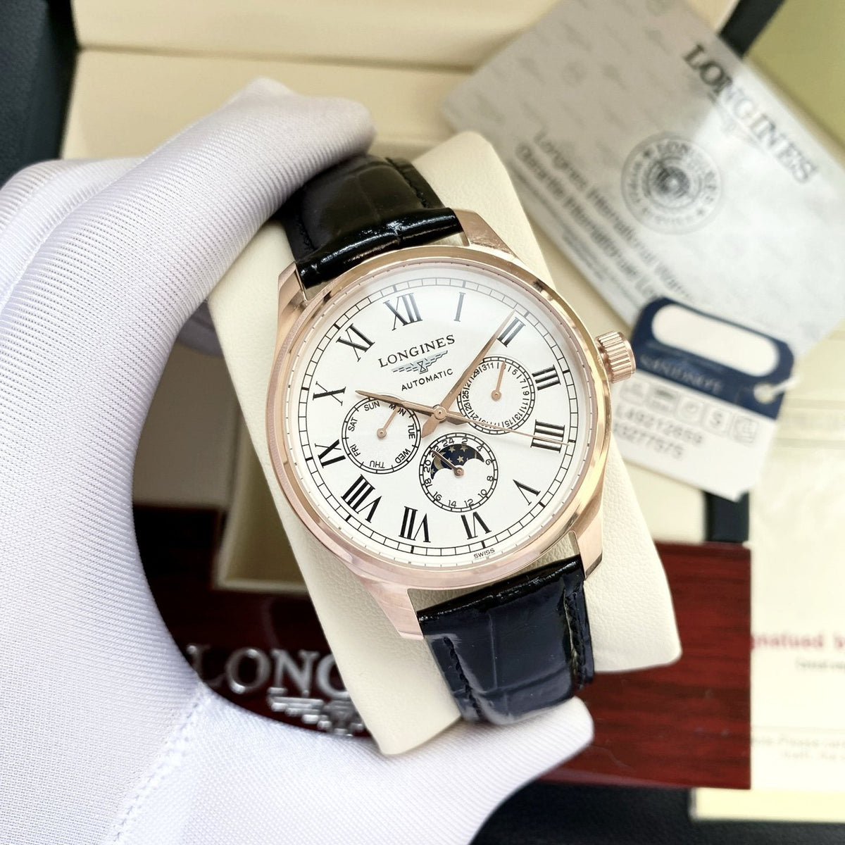 Longines Rose Gold Black White Dial Strap Watch — hero