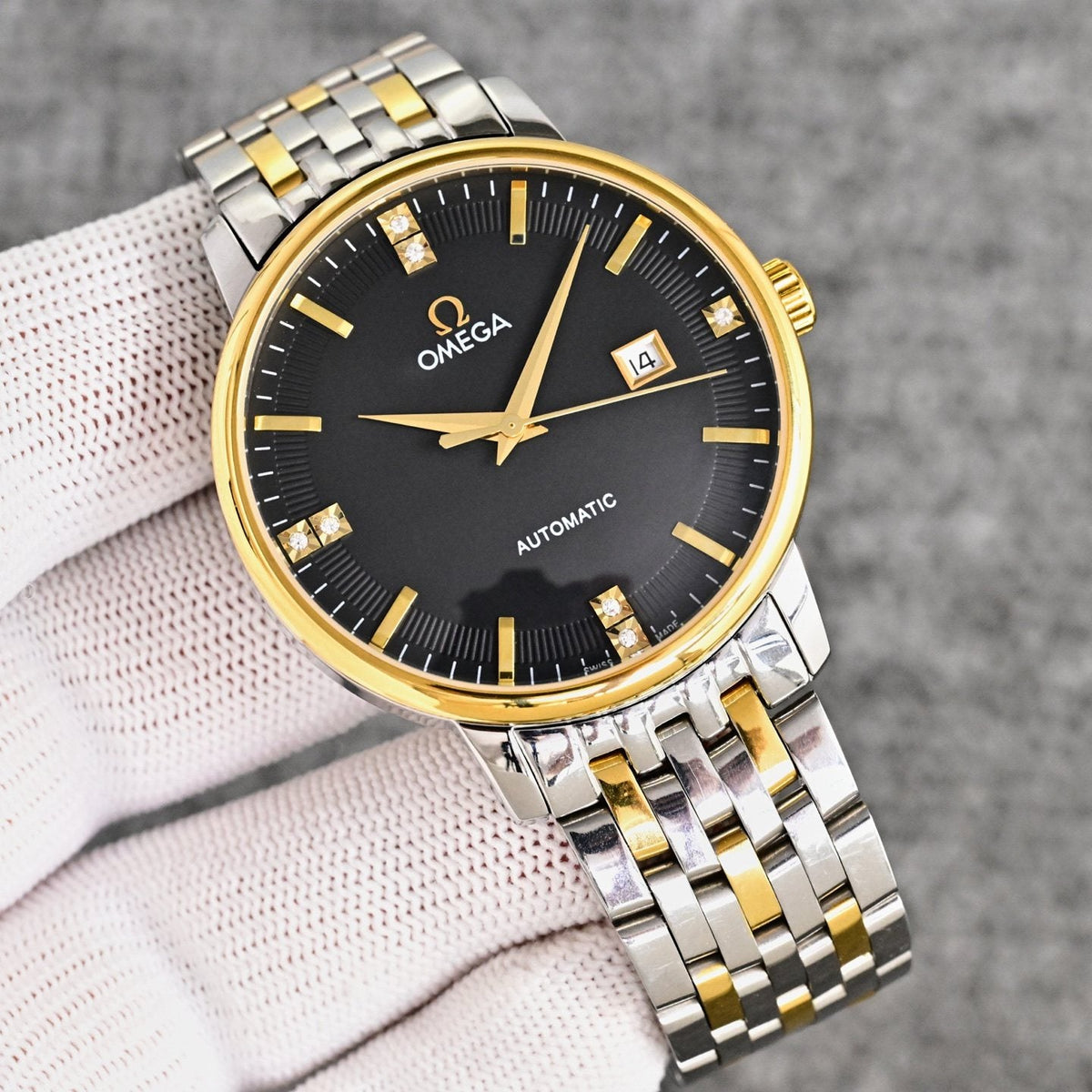 Omega Two Tone Black Dial Bracelet Watch — hero