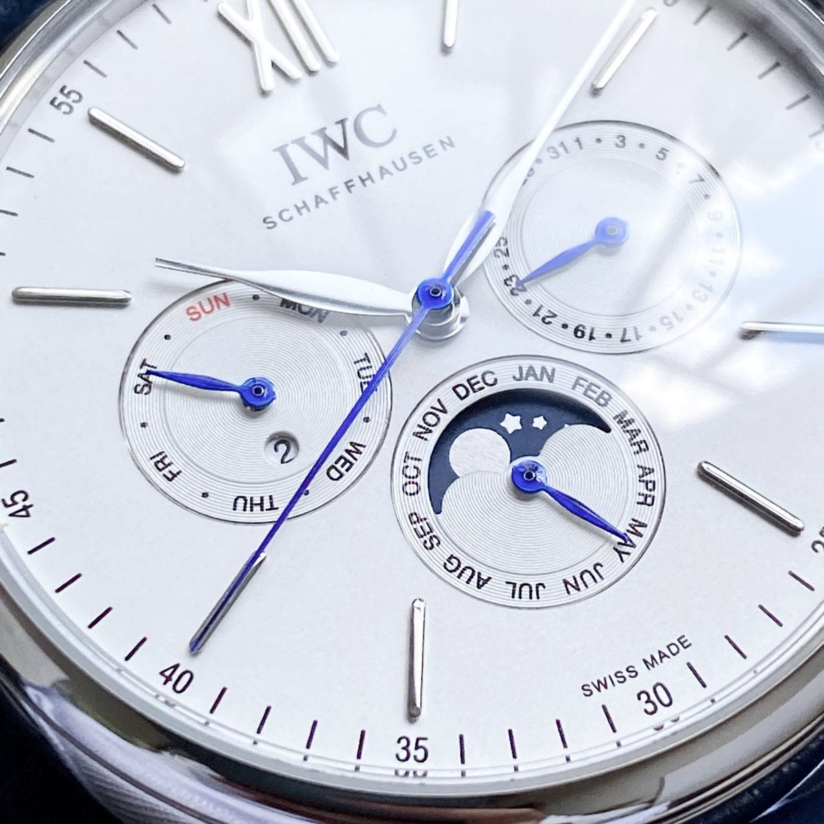 IWC Silver Blue White Dial Leather Strap Watch — detail