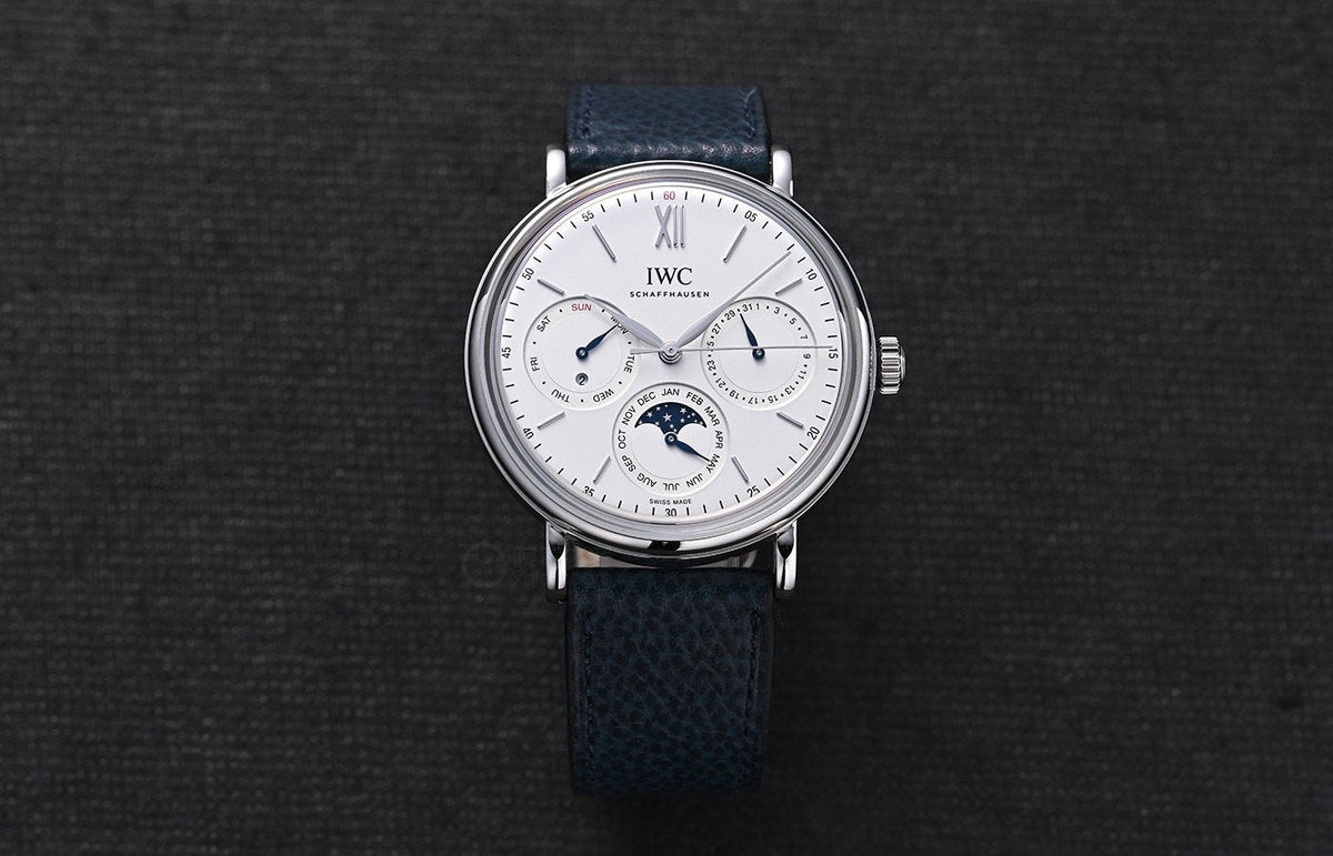 IWC Silver Blue White Dial Leather Strap Watch — front